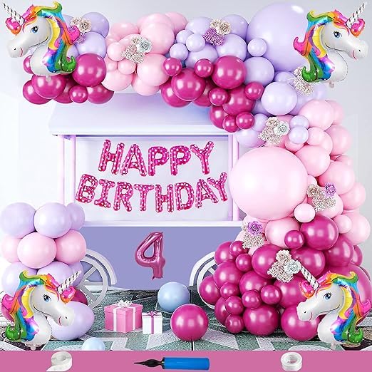BRIJBAZAAR Unicorn Theme Fourth 4th Birthday Decoration Items For Girls Party Decoration Kit Balloon Combo Pack Of 84 Pcs Pink - Image 1
