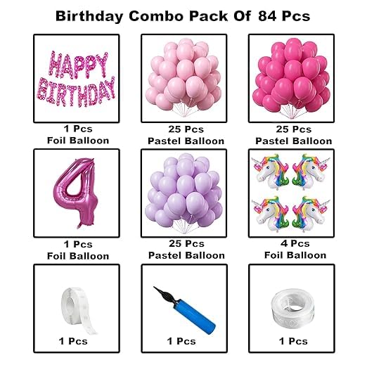 BRIJBAZAAR Unicorn Theme Fourth 4th Birthday Decoration Items For Girls Party Decoration Kit Balloon Combo Pack Of 84 Pcs Pink - Image 2