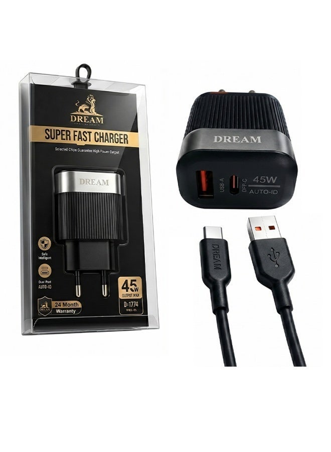 Dream D-1774 Super Fast Charger 45W – Dual Port USB-A & USB-C –AUTO-ID Technology–Safe Chargin – With USB-C Cable - Image 1