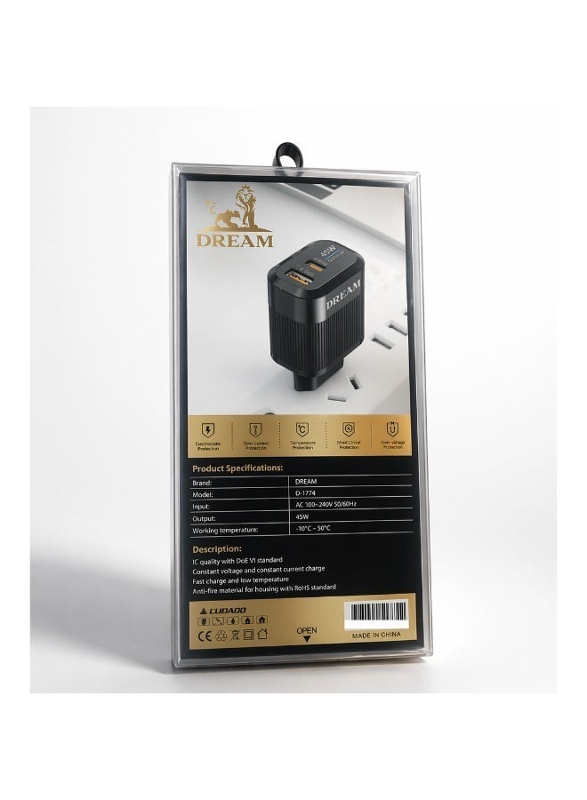 Dream D-1774 Super Fast Charger 45W – Dual Port USB-A & USB-C –AUTO-ID Technology–Safe Chargin – With USB-C Cable - Image 3