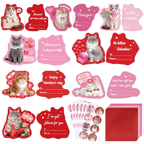 Sealmic 48 Sets Assorted Cat Valentines Days Cards for Kids Classroom School Cute Cat Valentines Cards with Envelops Stickers Greeting Cute Pet Love Cards for Girls Boys Kids Party Gift Exchange Brithday Supplies Favors Double Sided Printing - Image 1