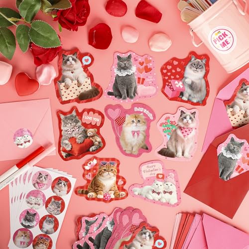 Sealmic 48 Sets Assorted Cat Valentines Days Cards for Kids Classroom School Cute Cat Valentines Cards with Envelops Stickers Greeting Cute Pet Love Cards for Girls Boys Kids Party Gift Exchange Brithday Supplies Favors Double Sided Printing - Image 2