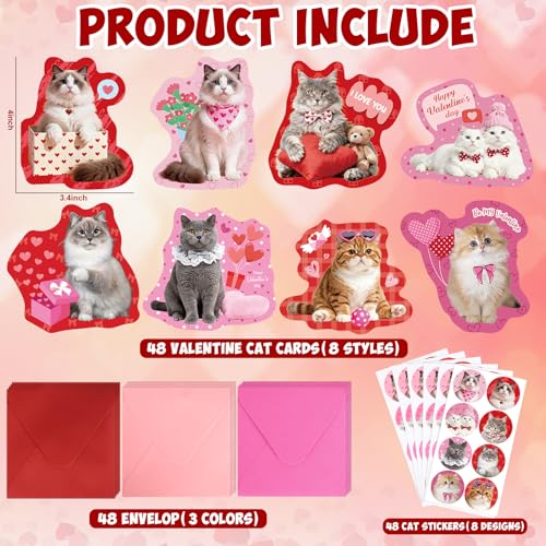 Sealmic 48 Sets Assorted Cat Valentines Days Cards for Kids Classroom School Cute Cat Valentines Cards with Envelops Stickers Greeting Cute Pet Love Cards for Girls Boys Kids Party Gift Exchange Brithday Supplies Favors Double Sided Printing - Image 3