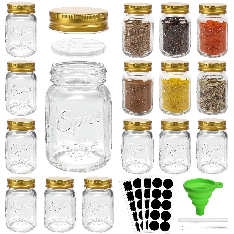 CycleMore 15 Pcs Glass Mason Spice Jars 4oz Empty Spice Bottles with Blank Labels and Shaker Lids Gold Airtight Metal Caps Chalk Marker and Collapsible Funnel Included