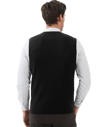 Kallspin Men’s Wool Blended Cable Knit Vest Sweater V Neck Relaxed Fit Sleeveless Pullovers (Black X-Large) - Image 3