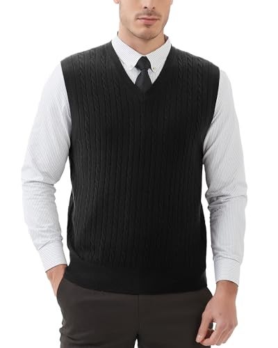 Kallspin Men’s Wool Blended Cable Knit Vest Sweater V Neck Relaxed Fit Sleeveless Pullovers (Black X-Large) - Image 1