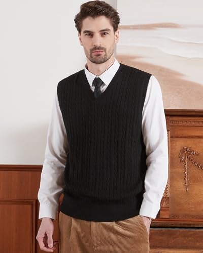 Kallspin Men’s Wool Blended Cable Knit Vest Sweater V Neck Relaxed Fit Sleeveless Pullovers (Black X-Large) - Image 2
