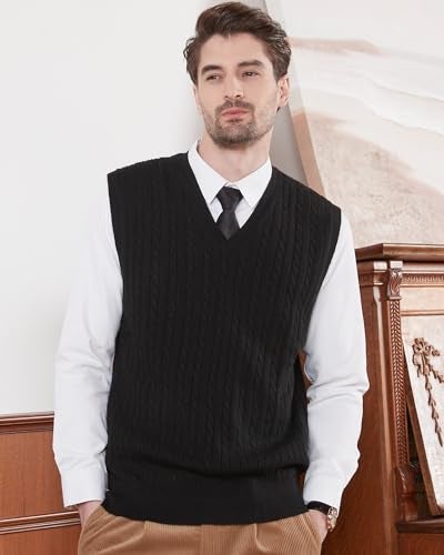 Kallspin Men’s Wool Blended Cable Knit Vest Sweater V Neck Relaxed Fit Sleeveless Pullovers (Black X-Large) - Image 5