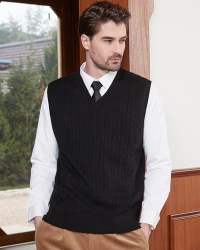 Kallspin Men’s Wool Blended Cable Knit Vest Sweater V Neck Relaxed Fit Sleeveless Pullovers (Black X-Large) - Image 4
