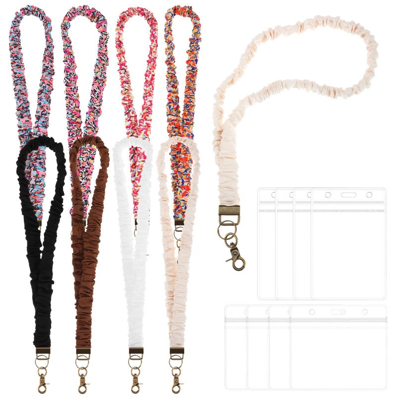 Dimeho 8pcs Stretchy Scrunchie Lanyard for ID Badges Keys Cute Teacher Lanyard Neck Stretchy Lanyards Retractable Keychain Holder Aesthetic Elastic Neck Keychain with Clip for Women Ladies Teachers Nurses - Image 1
