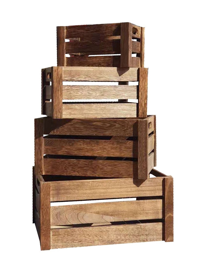 LINGWEI Set of 4 Wooden Storage Boxes Storage Crates with Handles For Indoor and Outdoor Rustic Farmhouse Style Storage Boxes - Image 1