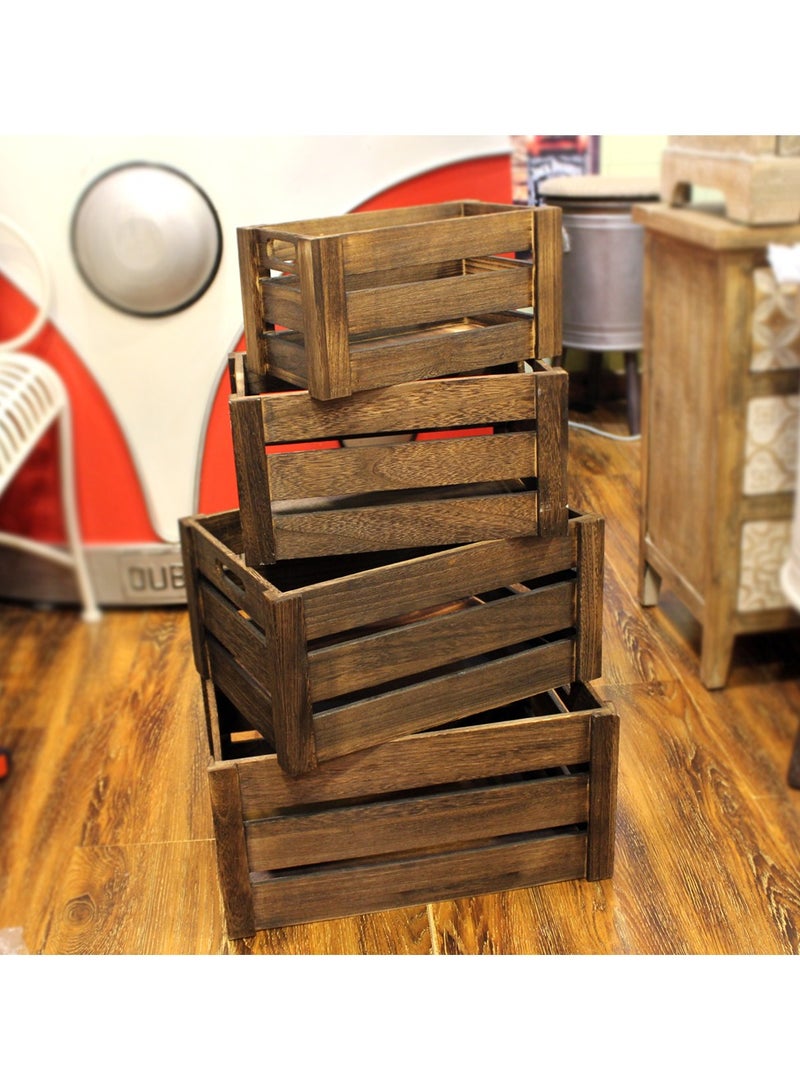 LINGWEI Set of 4 Wooden Storage Boxes Storage Crates with Handles For Indoor and Outdoor Rustic Farmhouse Style Storage Boxes - Image 3