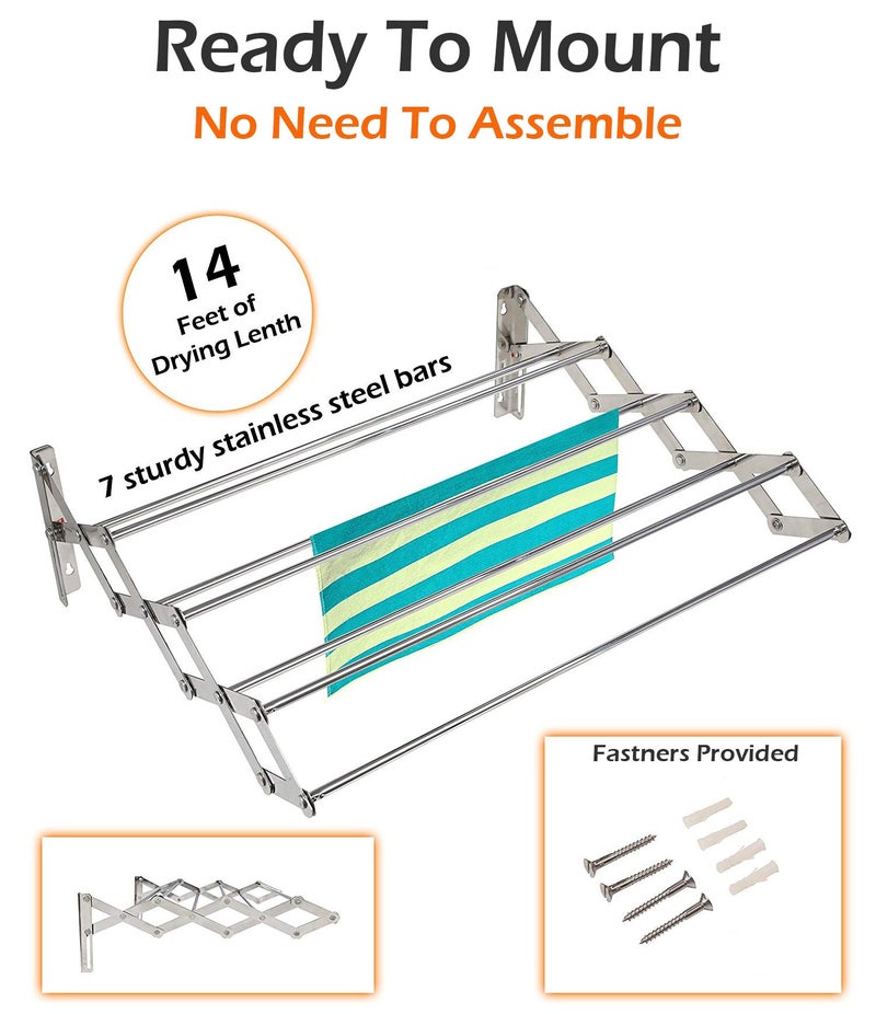Synergy - 7 Rods - Premium Heavy Duty Stainless Steel Clothes Drying Stand Wall Mounted | Cloth Hanging Stand | Clothes Drying Stand for Balcony | Foldable Cloth Hanger for Drying [SY-CS3] - Image 4