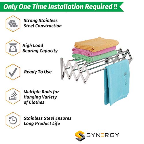 Synergy - 7 Rods - Premium Heavy Duty Stainless Steel Clothes Drying Stand Wall Mounted | Cloth Hanging Stand | Clothes Drying Stand for Balcony | Foldable Cloth Hanger for Drying [SY-CS3] - Image 2