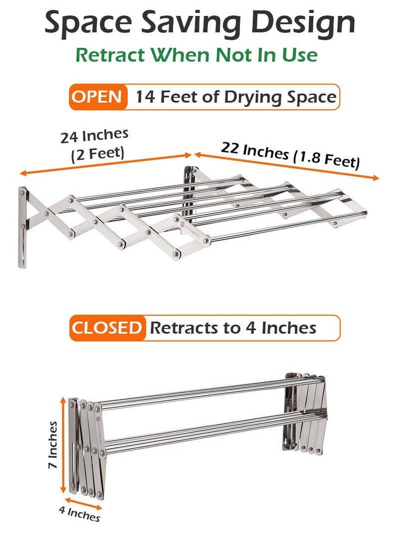 Synergy - 7 Rods - Premium Heavy Duty Stainless Steel Clothes Drying Stand Wall Mounted | Cloth Hanging Stand | Clothes Drying Stand for Balcony | Foldable Cloth Hanger for Drying [SY-CS3] - Image 3