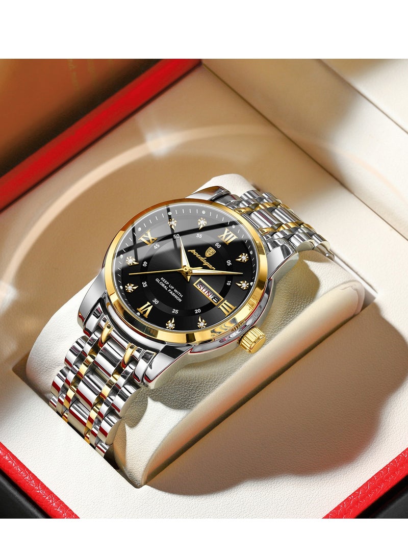 POEDAGAR Men Business Dress Rhinestone  Quartz Date Luxury Casual Stainless Steel Waterproof Luminous Wrist Watch  - Image 1
