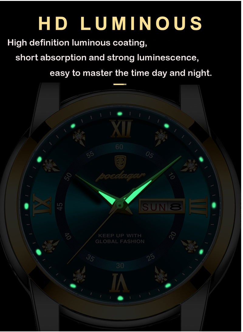 POEDAGAR Men Business Dress Rhinestone  Quartz Date Luxury Casual Stainless Steel Waterproof Luminous Wrist Watch  - Image 2