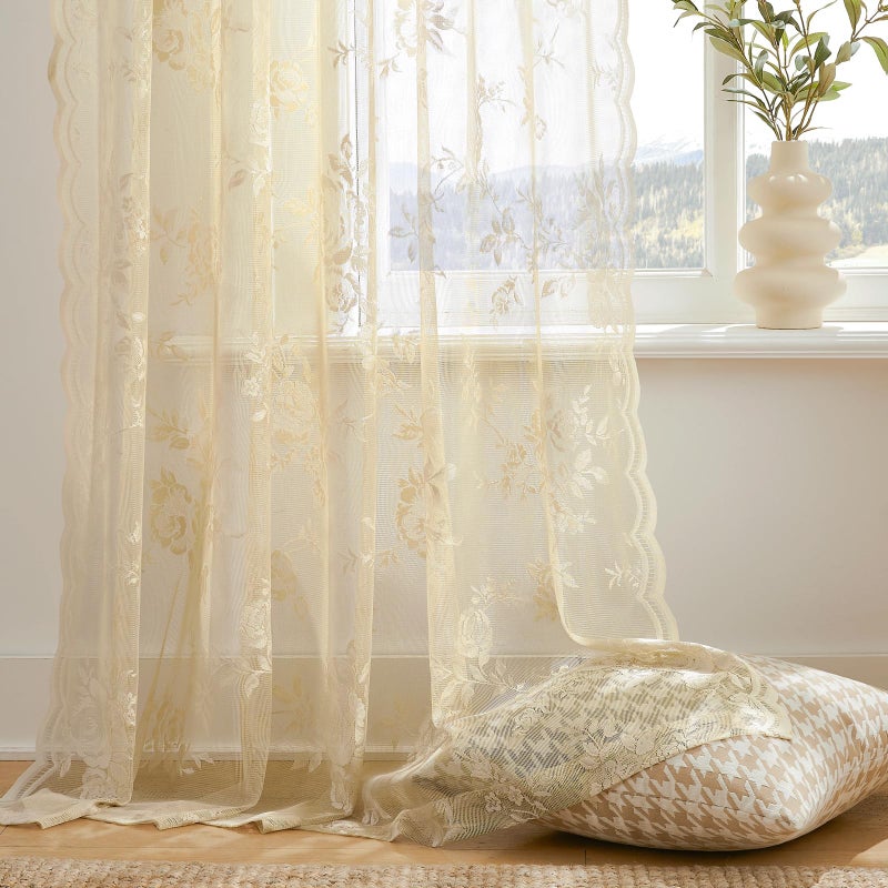 SEEKRIGHT Beige Lace Curtains 72 Inch Length Victorian Floral Sheer Curtains for Living Room Bedroom Decor Drapes Rod Pocket Light Filtering French Window Curtain 2 Panels set for Dining Room Kitchen, 52x72 - Image 4
