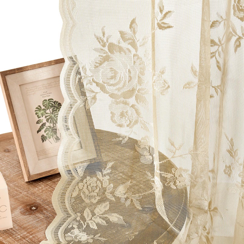 SEEKRIGHT Beige Lace Curtains 72 Inch Length Victorian Floral Sheer Curtains for Living Room Bedroom Decor Drapes Rod Pocket Light Filtering French Window Curtain 2 Panels set for Dining Room Kitchen, 52x72 - Image 5