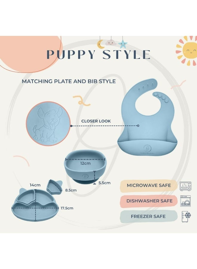 Oasis of Treasures – (17 Pieces) Complete Baby Feeding Set, Grows with Your Child, Premium Silicone Baby Led Weaning Set (Puppy, Dusty Blue) - Image 3