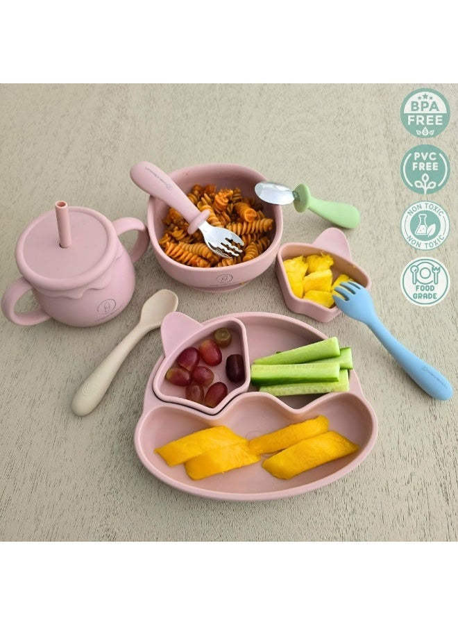 Oasis of Treasures – (17 Pieces) Complete Baby Feeding Set, Grows with Your Child, Premium Silicone Baby Led Weaning Set (Puppy, Dusty Blue) - Image 2