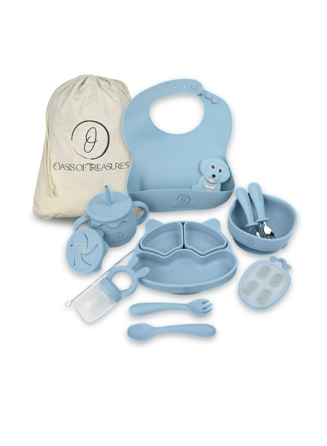 Oasis of Treasures – (17 Pieces) Complete Baby Feeding Set, Grows with Your Child, Premium Silicone Baby Led Weaning Set (Puppy, Dusty Blue)