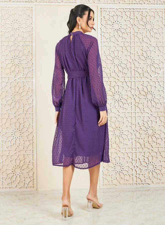Styli Dobby High Neck Self Tie Up A-line Midi Dress