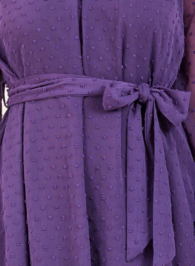 Styli Dobby High Neck Self Tie Up A-line Midi Dress