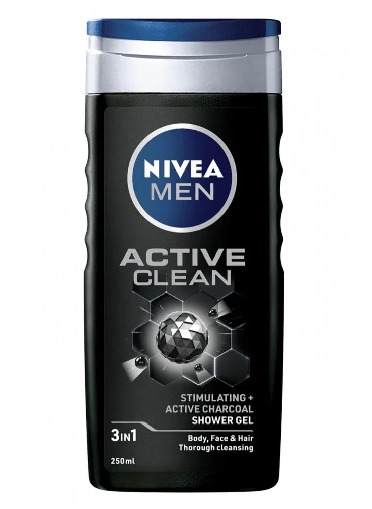 Nivea NIVEA MEN 3in1 Shower Gel Body Wash, Active Clean Charcoal Woody Scent, 250ml  - Image 2
