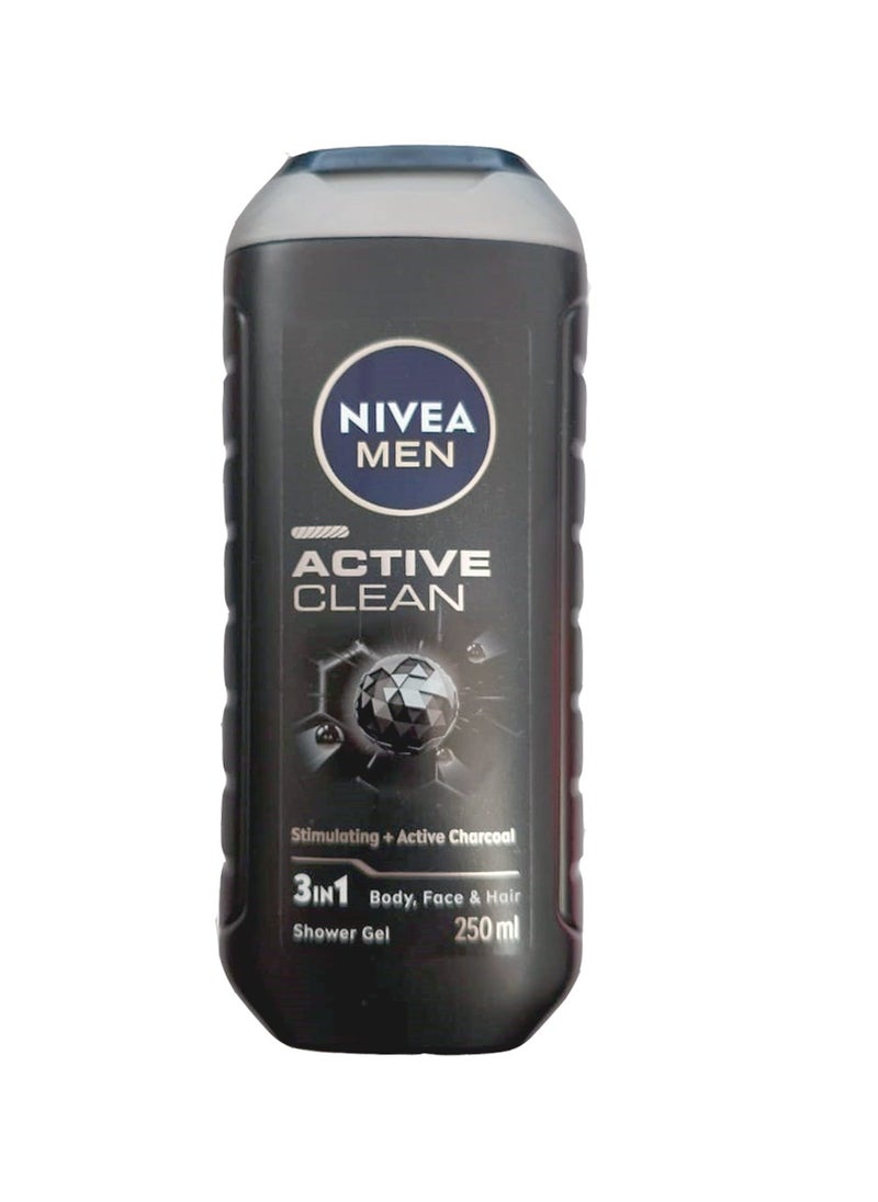 Nivea NIVEA MEN 3in1 Shower Gel Body Wash, Active Clean Charcoal Woody Scent, 250ml  - Image 1