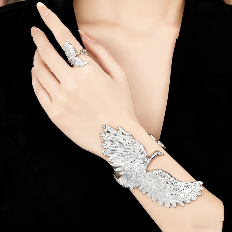 Bold Punk Eagle Design Open-Face Glossy Ring & Bracelet Set - Unique Retro Geometric Accessories - Image 2