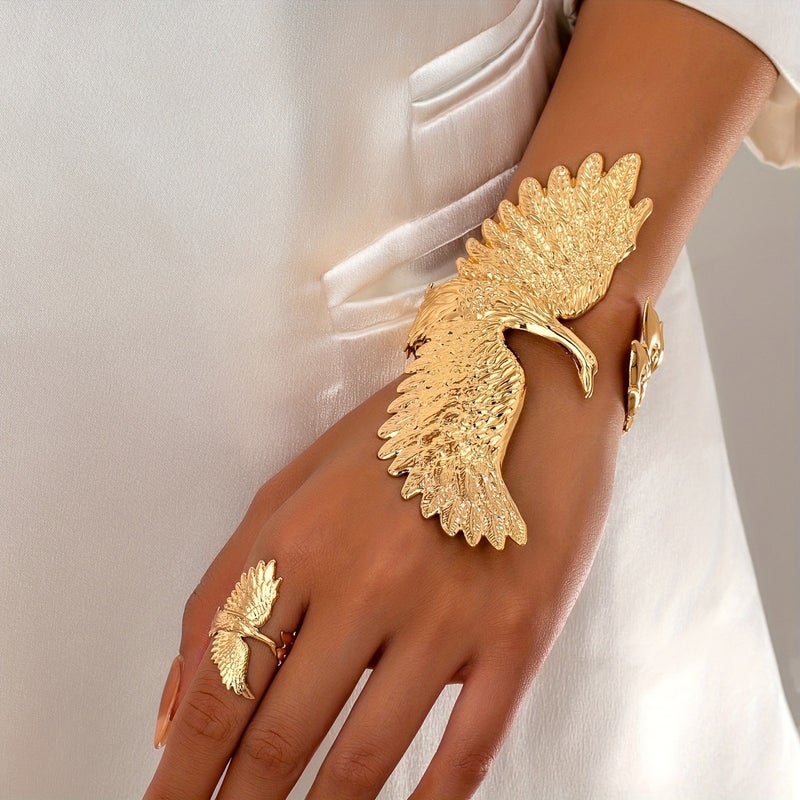 Bold Punk Eagle Design Open-Face Glossy Ring & Bracelet Set - Unique Retro Geometric Accessories - Image 1