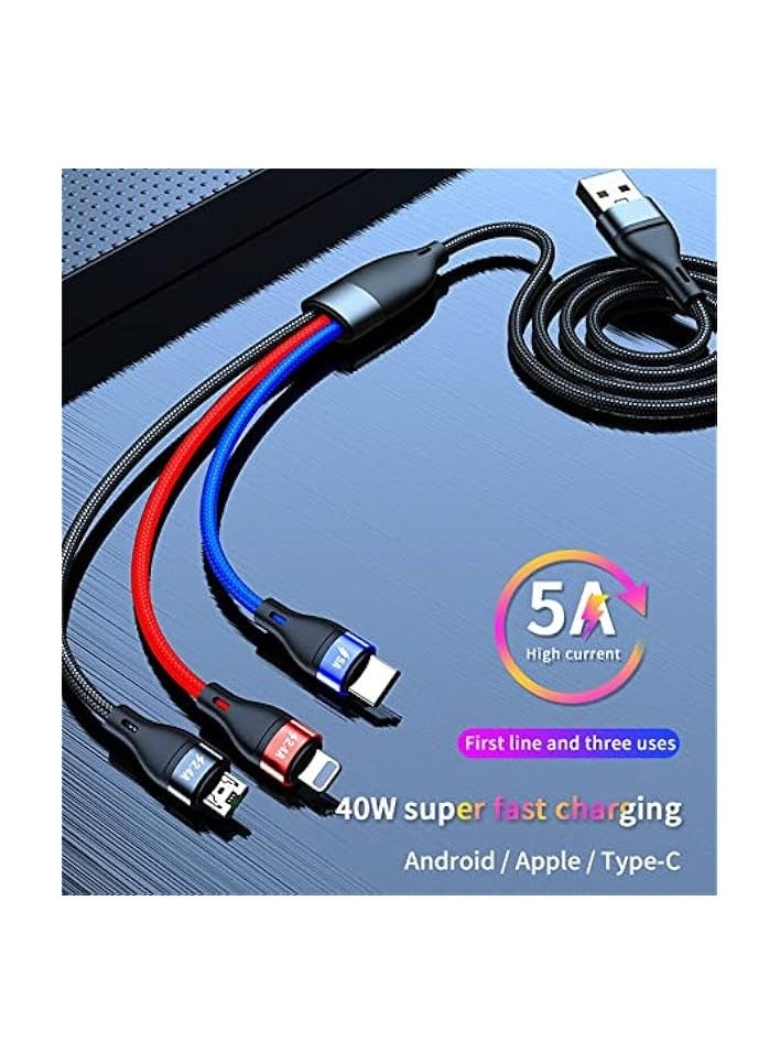 erorex Multi Charger Cable, 3 in 1 Charger Cable 6FT/2M Nylon Braided 5A Fast Charge Cable with iP Micro USB Type-C Compatible with Cell Phones Tablets USB C Cable, Black - Image 2