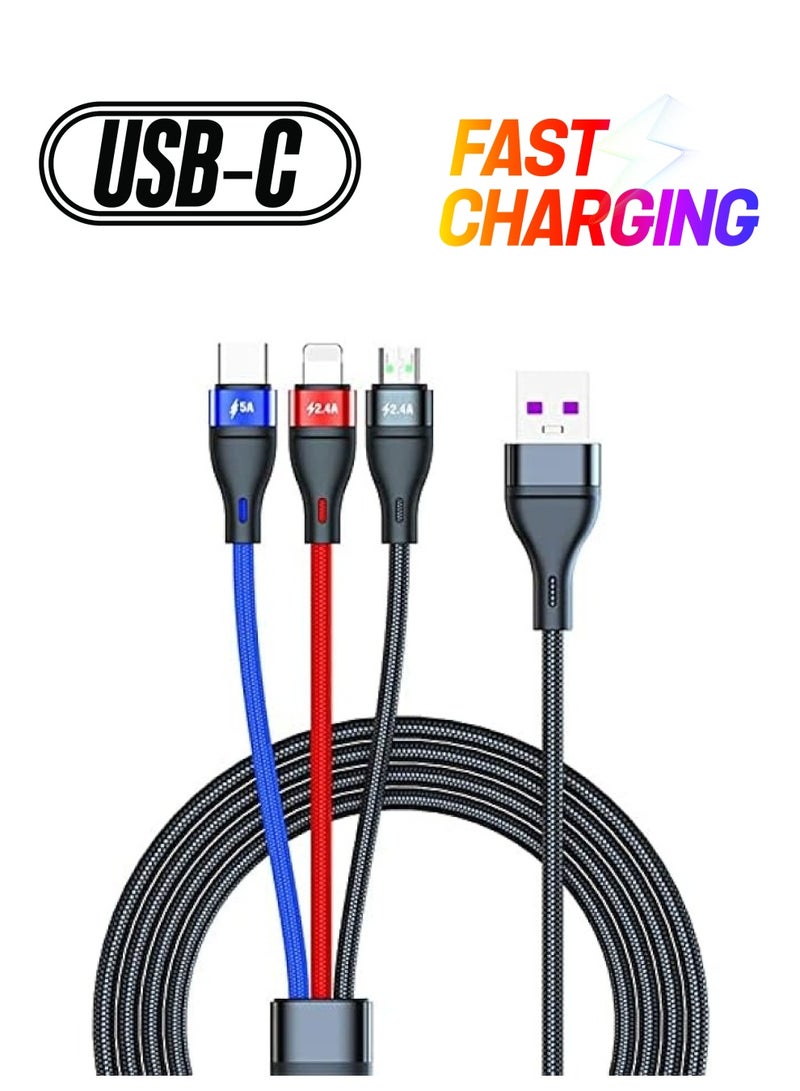 erorex Multi Charger Cable, 3 in 1 Charger Cable 6FT/2M Nylon Braided 5A Fast Charge Cable with iP Micro USB Type-C Compatible with Cell Phones Tablets USB C Cable, Black - Image 1