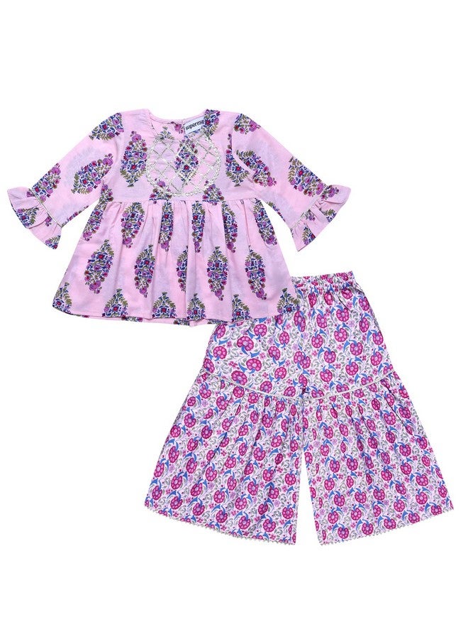 Superminis Baby Girls Floral Printed Cotton Kurti Sharara Set (12-18 Months, Pink) - Image 1