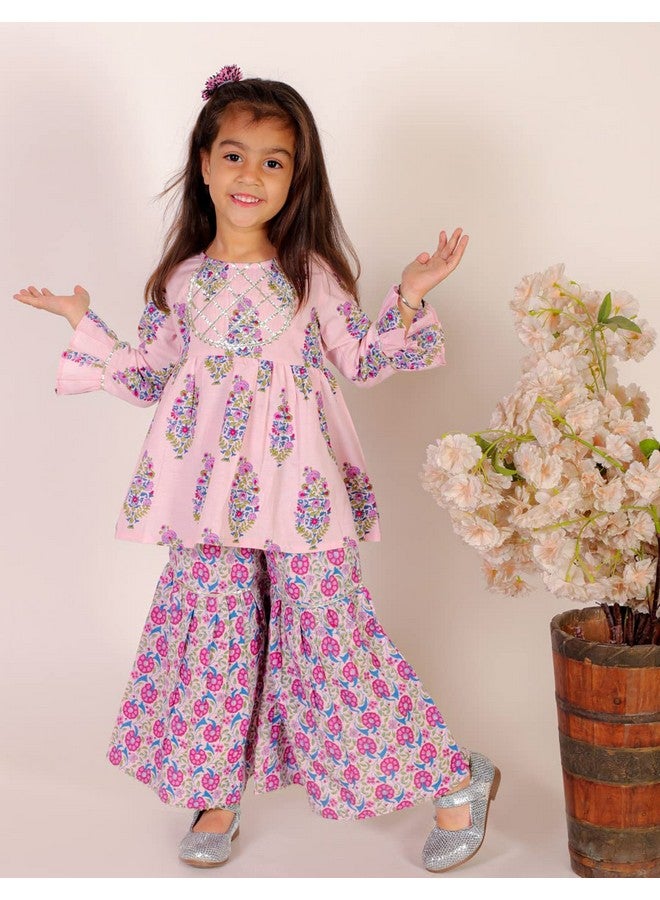 Superminis Baby Girls Floral Printed Cotton Kurti Sharara Set (12-18 Months, Pink) - Image 2