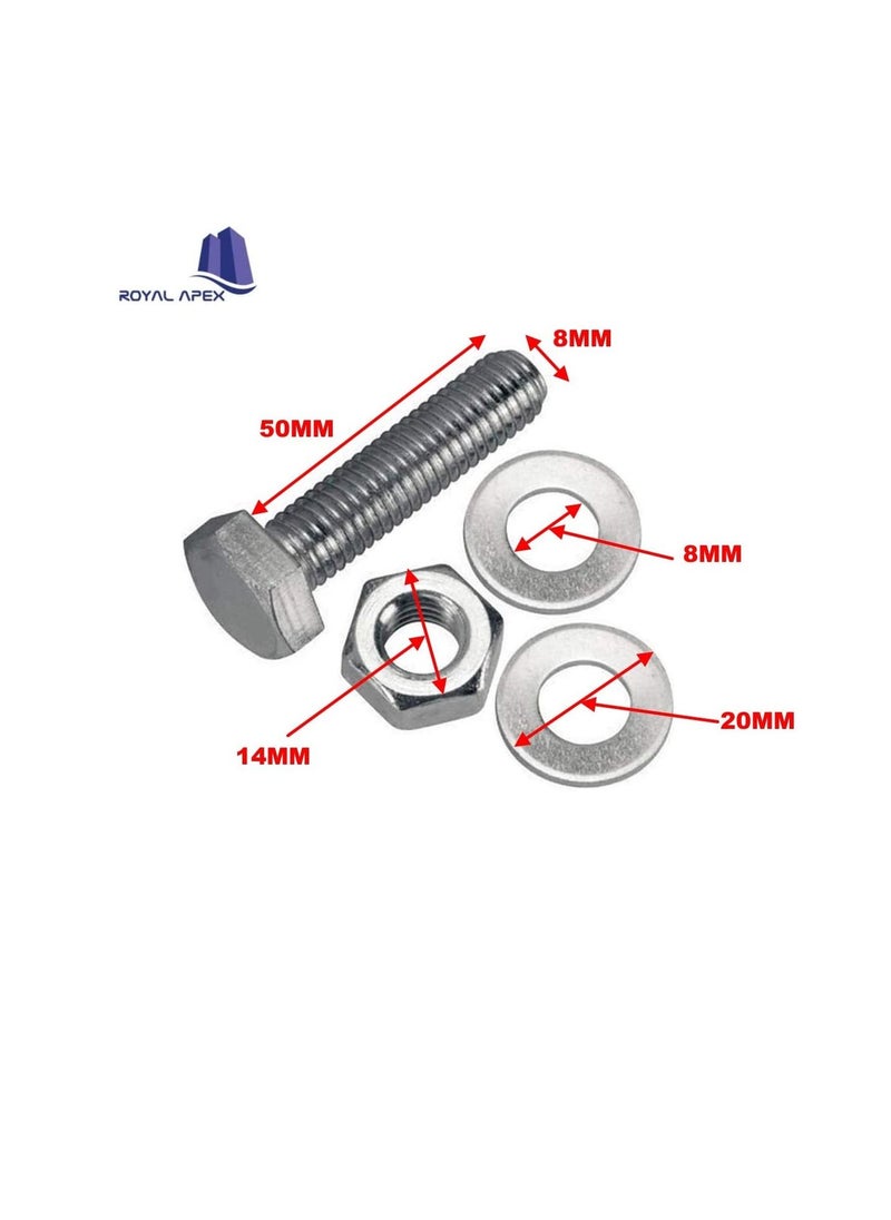 Generic - 12 pcs Hex Head Screw Bolts Nuts & Washers Fully Thread GI Plain Finish Bolt Set 8, 50MM - Image 1