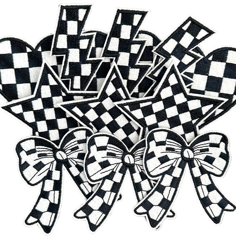 HWQVA 12Pcs Black and White Checkered Iron on Classic Racing Heart Star Lightning Iron on Embroidery Patches for Clothing Backpacks Hats - Image 1