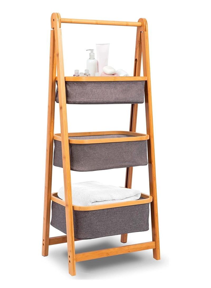 DubaiGallery 3 Tier Fold Out Hamper Shelf Storage - Space Saving Collapsible Foldable Natural Bamboo Wooden Organizer Removable Baskets for Bedroom Bathroom Laundry Clothes Towels - Image 1