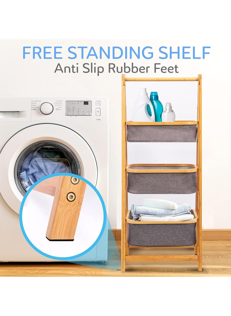 DubaiGallery 3 Tier Fold Out Hamper Shelf Storage - Space Saving Collapsible Foldable Natural Bamboo Wooden Organizer Removable Baskets for Bedroom Bathroom Laundry Clothes Towels - Image 2