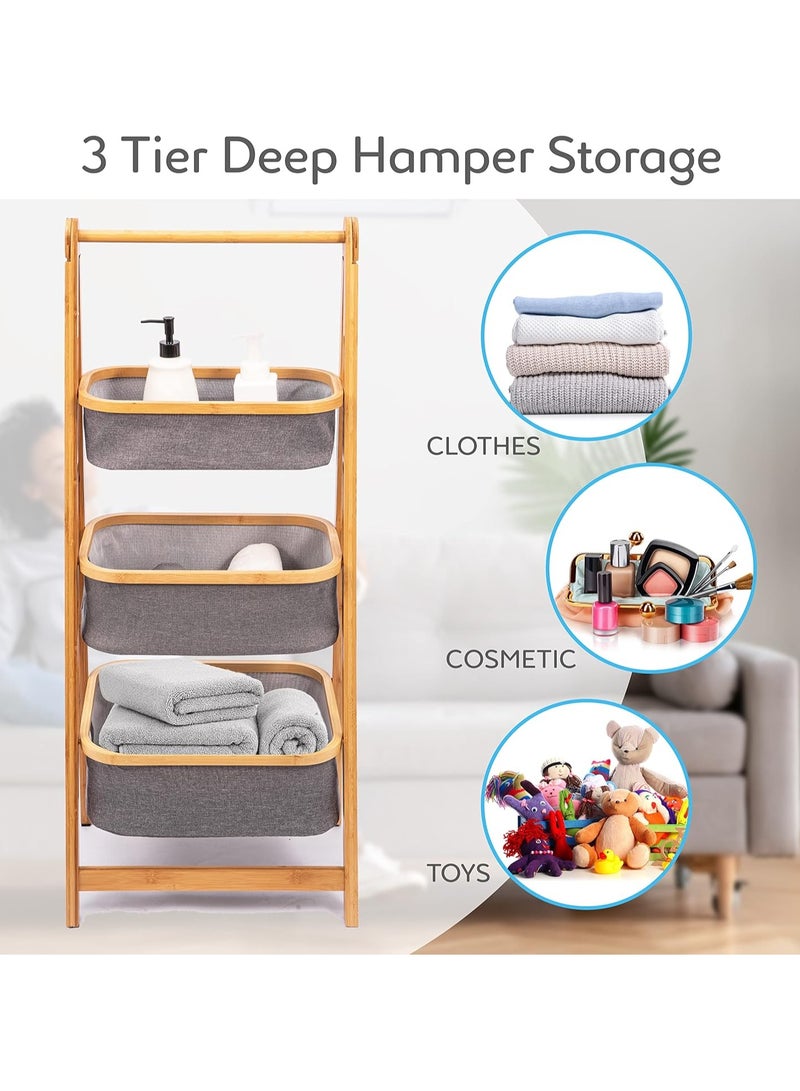 DubaiGallery 3 Tier Fold Out Hamper Shelf Storage - Space Saving Collapsible Foldable Natural Bamboo Wooden Organizer Removable Baskets for Bedroom Bathroom Laundry Clothes Towels - Image 4