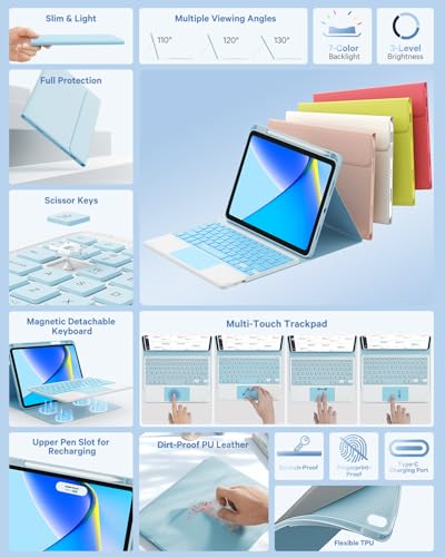 GreenLaw Keyboard Case for iPad 11th Generation(A16,2025) / 10th Generation(2022), Stain-Resistant Cover, 7 Color Backlit, Detachable Keyboard Case with Touchpad and Pencil Holder, Sky Blue - Image 3