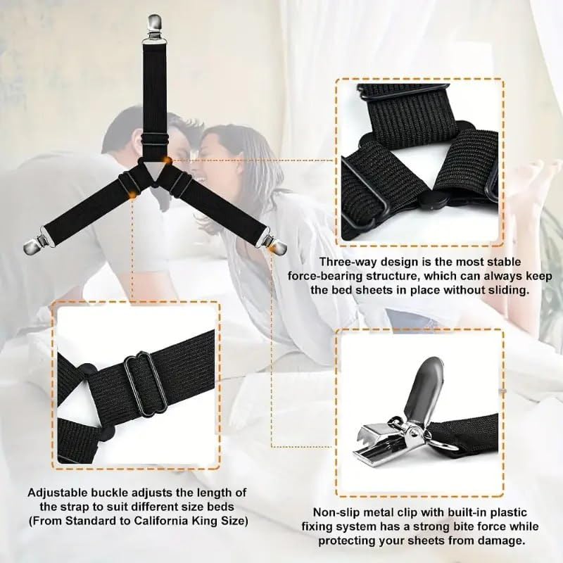 TERXA Triangle Bed Sheet Fixer | Adjustable Elastic Bed Sheet Straps with Metal Clips | Secure & Easy Installation | Prevents Sliding & Wrinkles | Bedding Accessories (Pack of 4 PCs,Multicolor) - Image 3