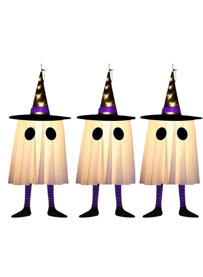 JCB CHIC زينة شبح معلقة لعيد الهالوين، قبعات ساحرات الهالوين الخارجية، أشباح متوهجة لأشجار الحديقة، زينة الهالوين للفناء (3 قطع) - Image 1