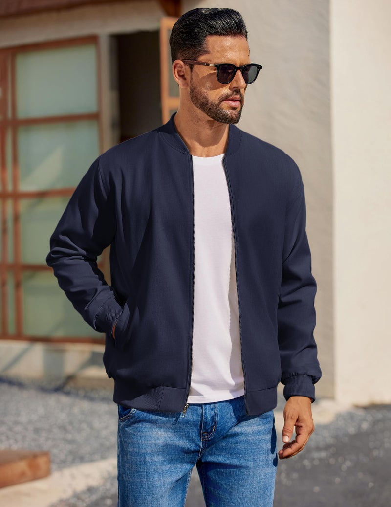COOFANDY Men Outdoor Golf Fashion Coat Casual Softshell Jacket Bomber Varisty Jackets Lightweight Navy Blue, Small - Image 3