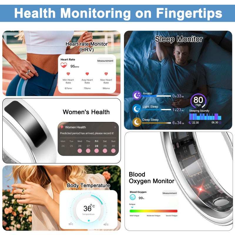 uaue Smart Ring for Women Men, Fitness Tracker Ring with Heart Rate/Women's Health/Sleep/Steps, Touch Control, Vibration Alert, IP68 Waterproof Health Ring for iPhone/Android, No Subscription,Silver 8 - Image 3