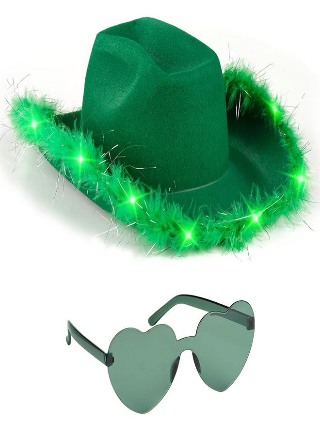Funcredible St Patricks Day Light Up Cowboy Hat and Glasses - Green Cowgirl Hat with Feathers - St Patty's Day Accessories for Women and Girls - Image 1