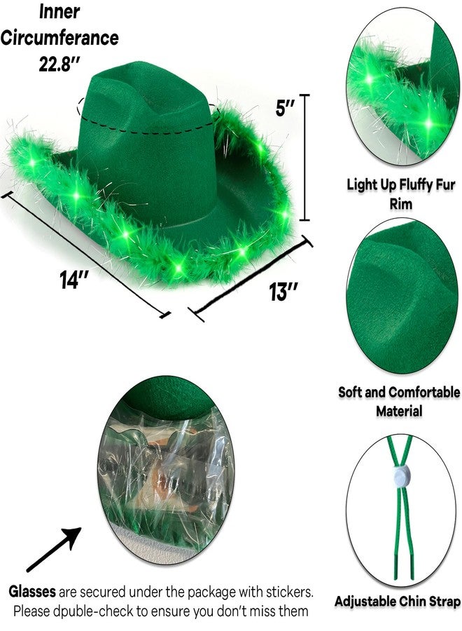 Funcredible St Patricks Day Light Up Cowboy Hat and Glasses - Green Cowgirl Hat with Feathers - St Patty's Day Accessories for Women and Girls - Image 2