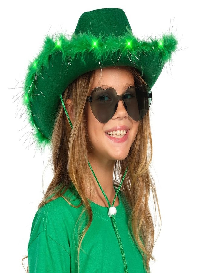 Funcredible St Patricks Day Light Up Cowboy Hat and Glasses - Green Cowgirl Hat with Feathers - St Patty's Day Accessories for Women and Girls - Image 4