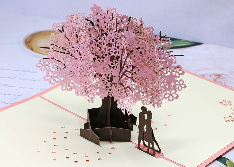 PENTA ANGEL Handmade Cherry Blossom Card Pop Up 3D Flower Romantic Love Letter Greeting Anniversary Wedding Valentine Birthday Gift Card Blank Stationery Paper for Her Him Husband Wife - Image 4